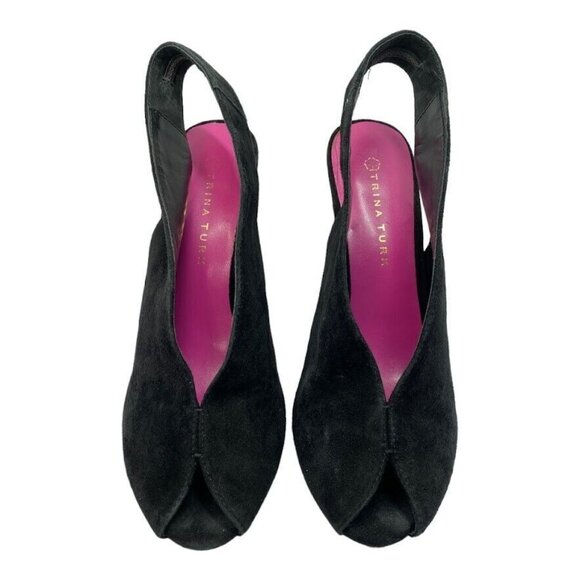 PB3 Trina Turk Sunset Blvd Black Suede Peep Toe Heel Women's 8M - Picture 1 of 11